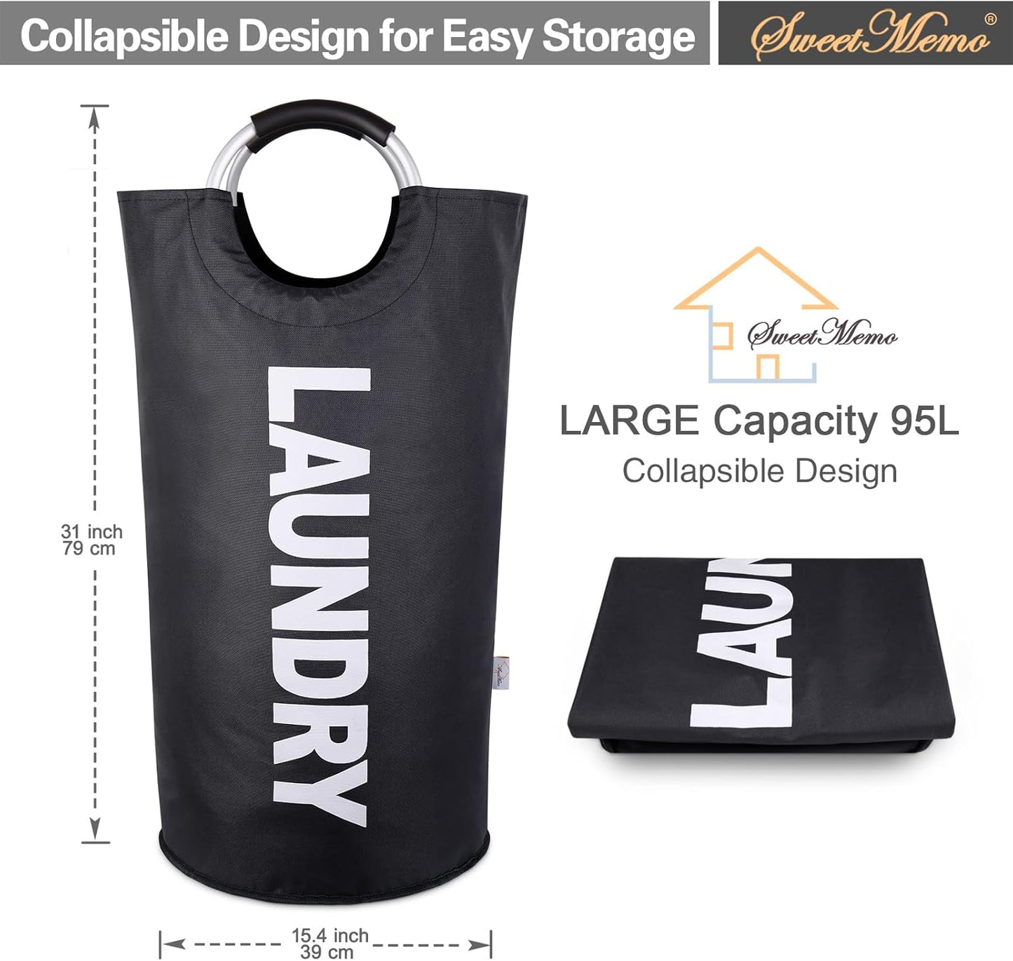 95L Large Laundry Baskets Collapsible, Tall Laundry Hampers, Canvas Laundry Bag Hamper, Fabric Clothes Hamper with Handles, Foldable Laundry Bin (Black)