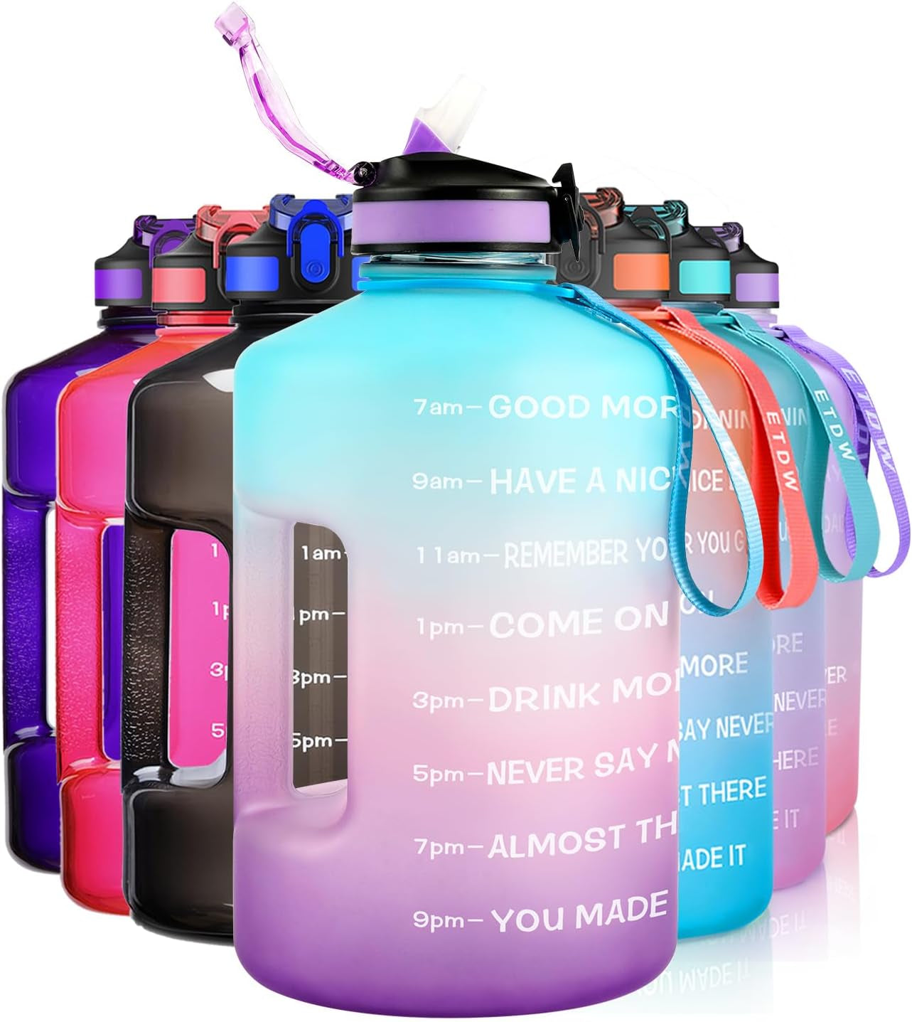 74OZ BPA-Free Gallon Water Bottle with Straw and Time Marker, Leakproof Fitness Container with Handle