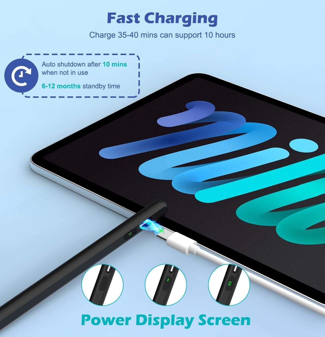 Universal Capacitive Stylus Pen for Touch Screens - Fast Charging Stylus for Apple iPad, iPhone, Samsung, Black