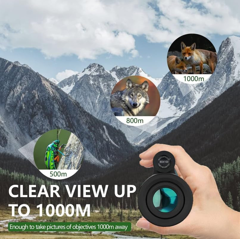 High-Powered 80X100 Monocular Telescope with Smartphone Adapter and Tripod for Bird Watching