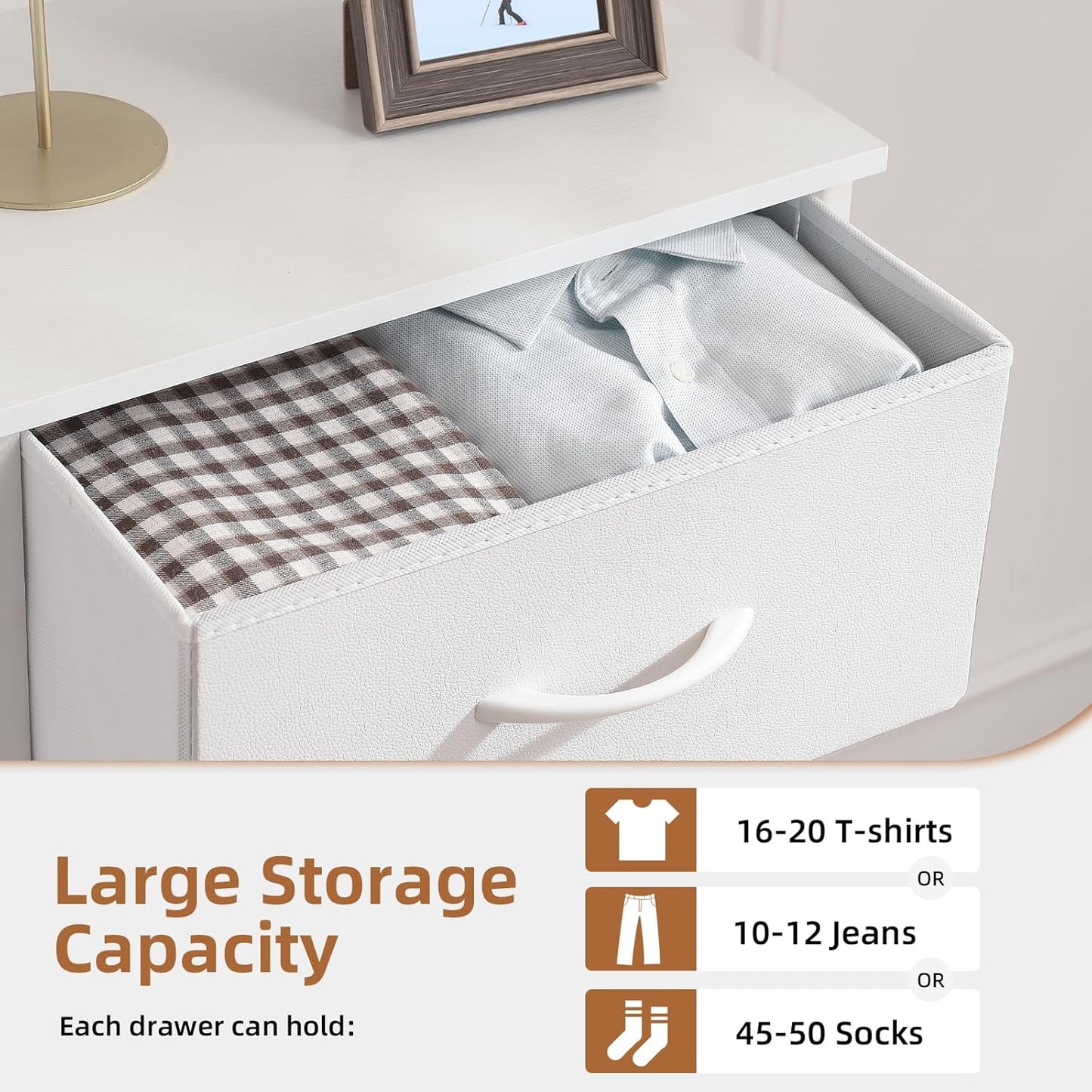 Elegant 5-Drawer Dresser with Fabric Bins - Versatile Storage - Bedroom, Living Room, Nursery - White Leather Finish