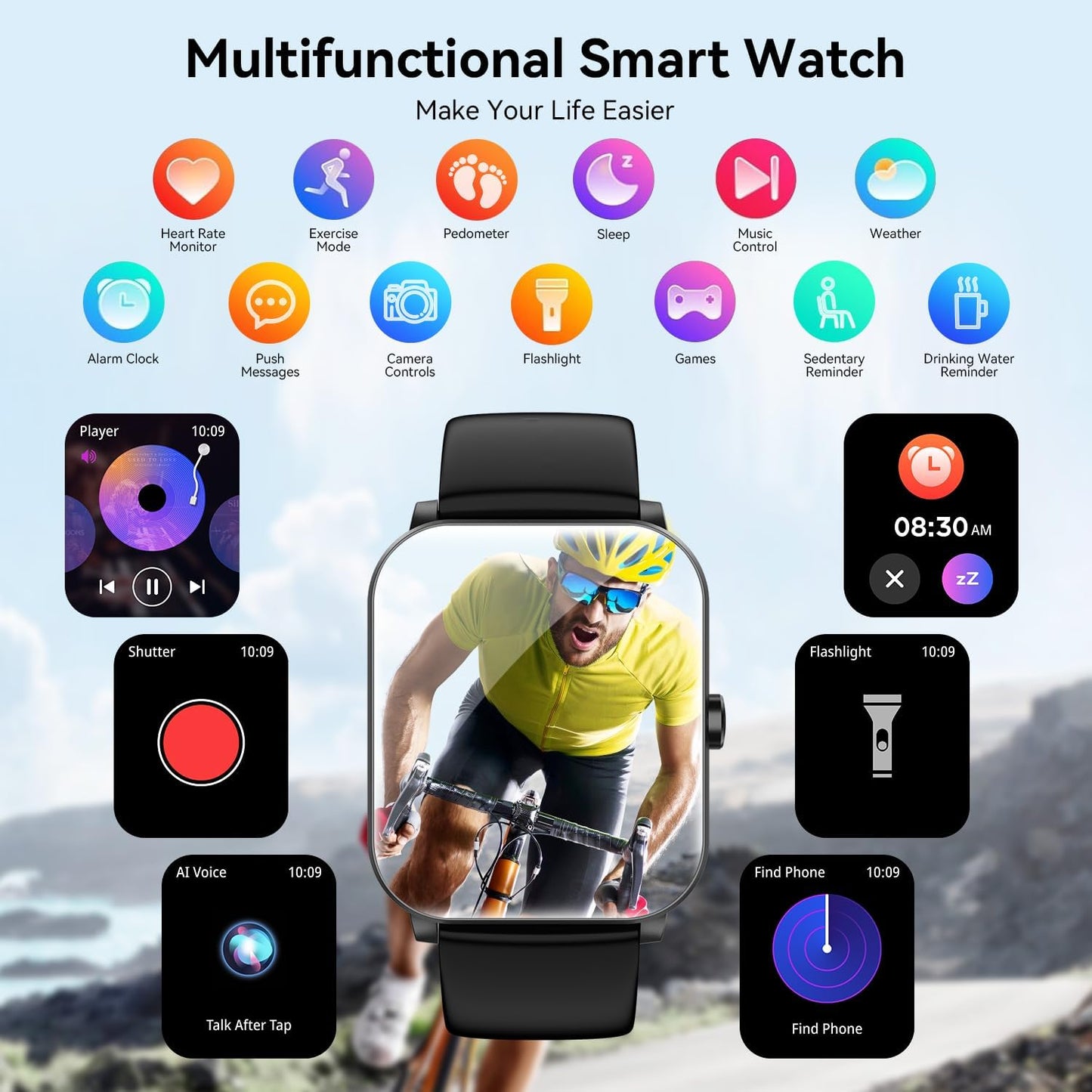 Smart Watch for Men Women with Bluetooth Call, Activity Tracker Compatible with Ios/Android Phones, 1.85" HD Screen Fitness Watch with Heart Rate/Sleep/Spo2 Monitor, 100+ Sports Modes(Black)