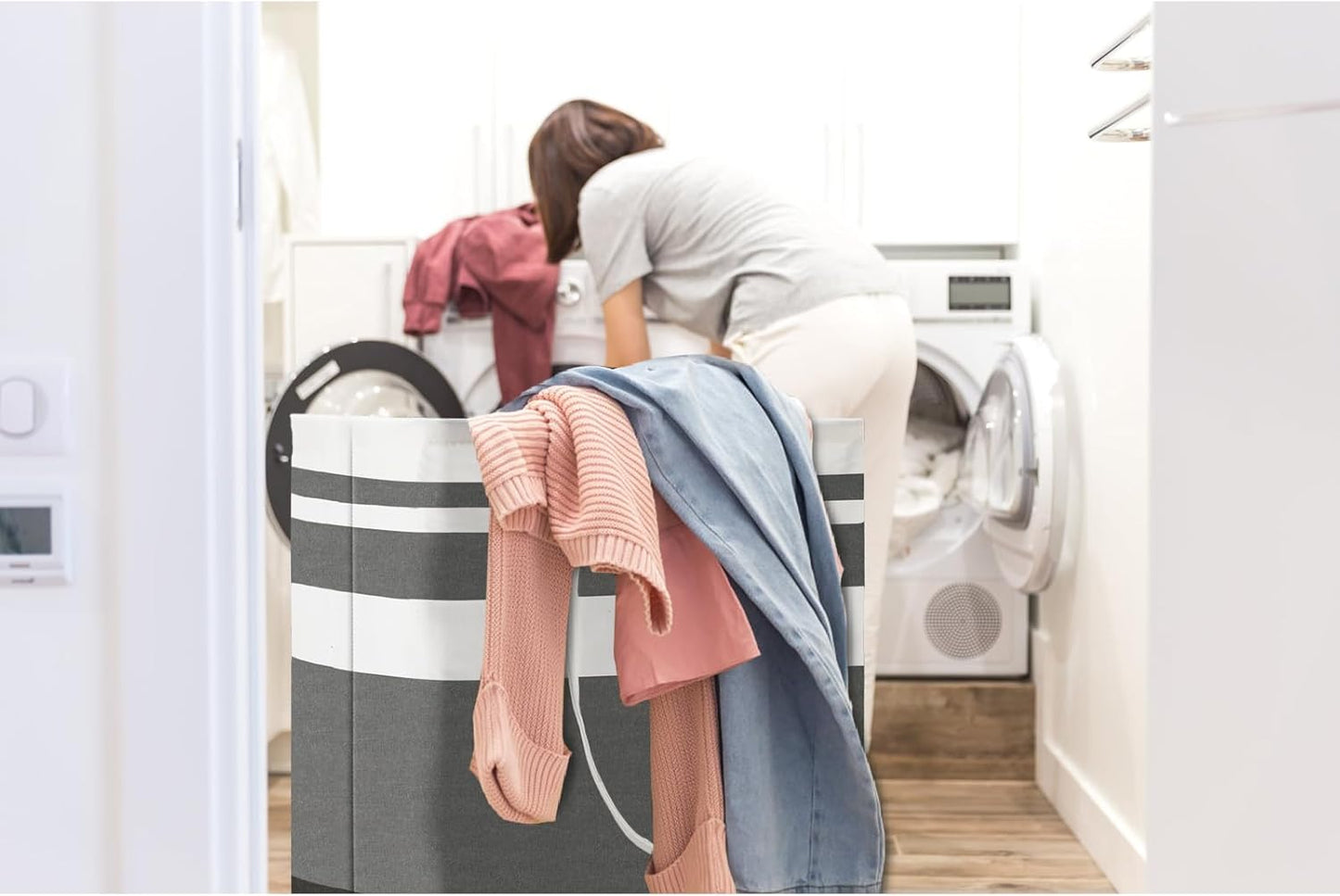 80L 3-Pack Freestanding Laundry Basket with Extended Handle, Collapsible Large Cotton Clothes Hamper Storage Basket, Gradient Grey