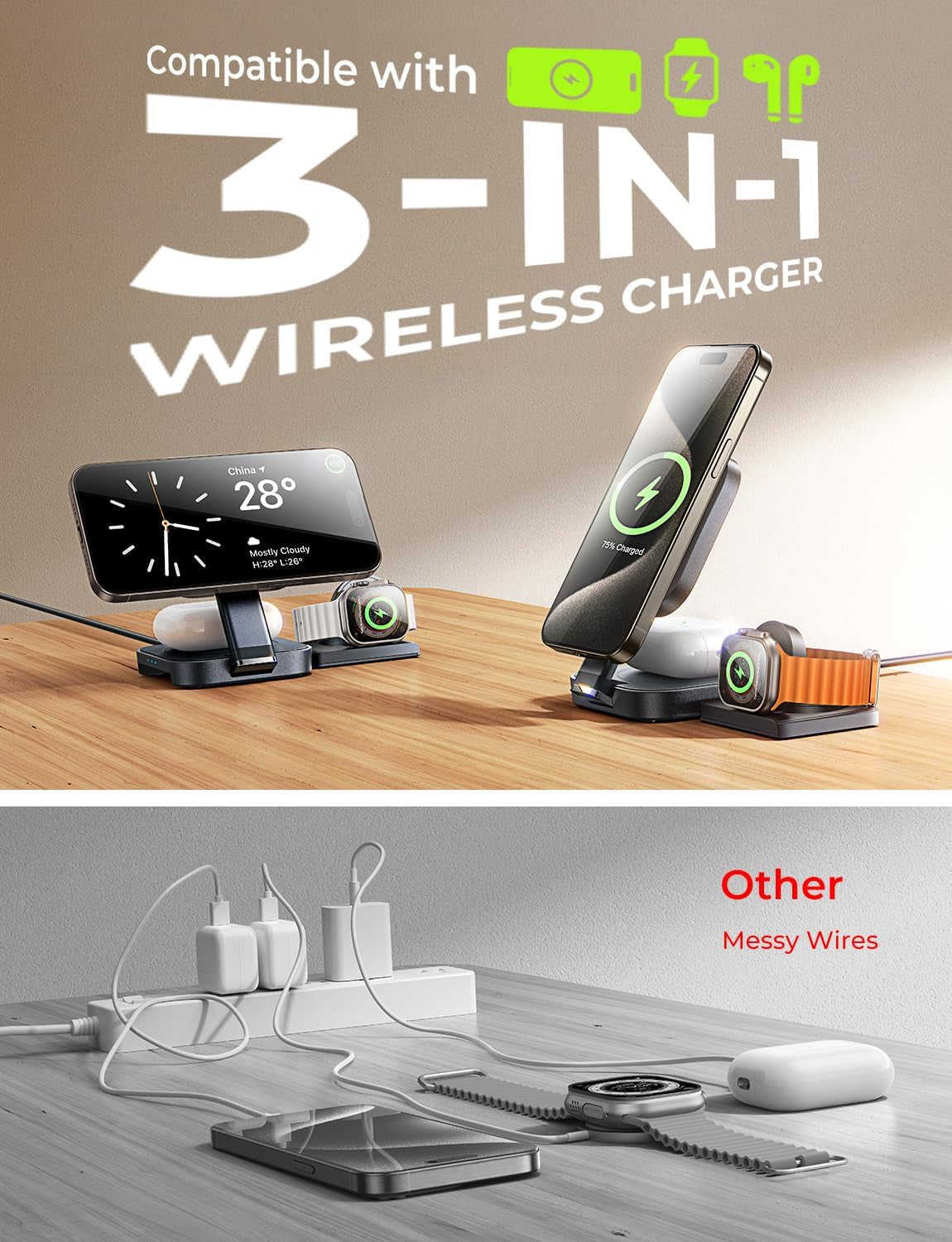 3-in-1 Wireless Charging Station for Apple Devices - MagSafe Compatible Charger Stand for iPhone, AirPods, and Apple Watch