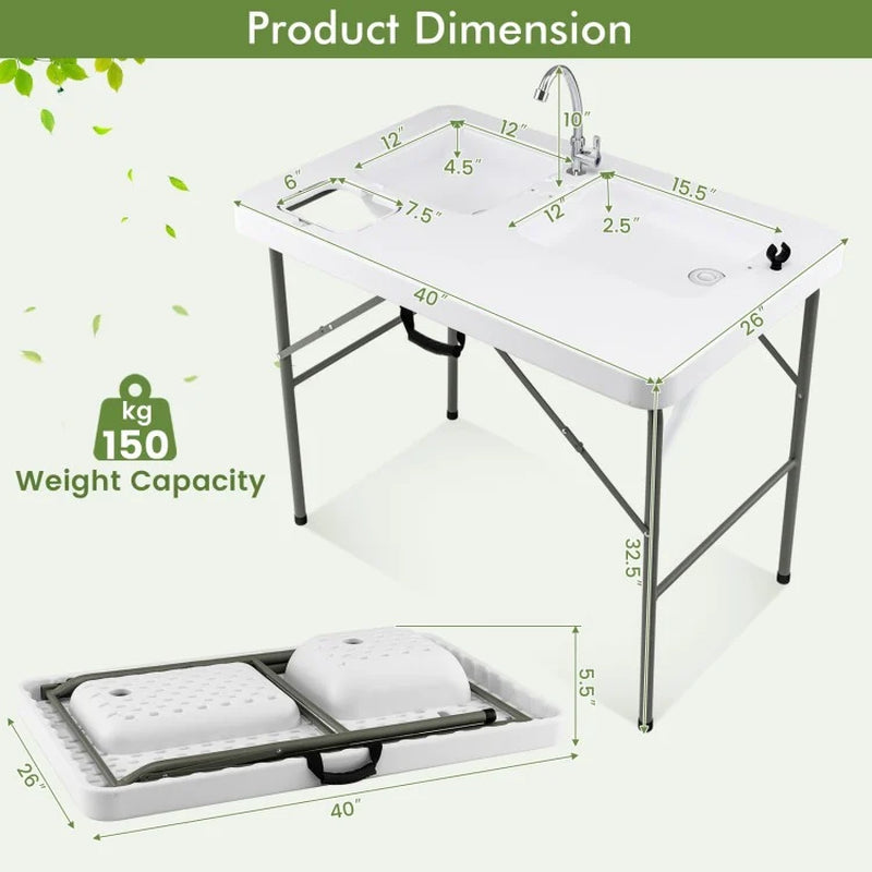 Fish Cleaning Table Featuring Dual Sinks and 360° Rotatable Faucet