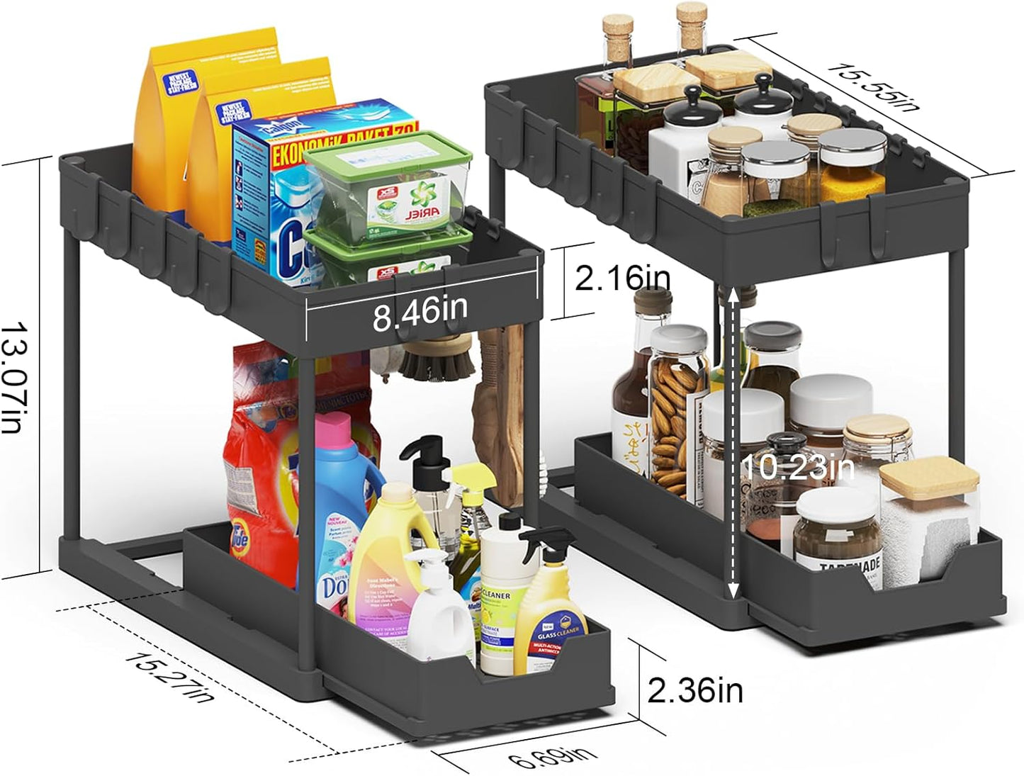 Under Sink Organizer and Storage Solution - 2-Tier Cabinet Shelf with 8 Hooks and Spice Rack for Kitchen and Bathroom