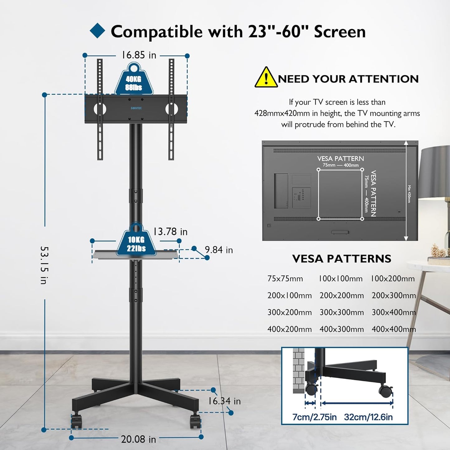 Mobile TV Stand with Adjustable Height for 23-60 Inch Screens, Rolling Locking Wheels and Media Shelf, VESA (75x75mm to 400x400mm), 88 lbs- Black