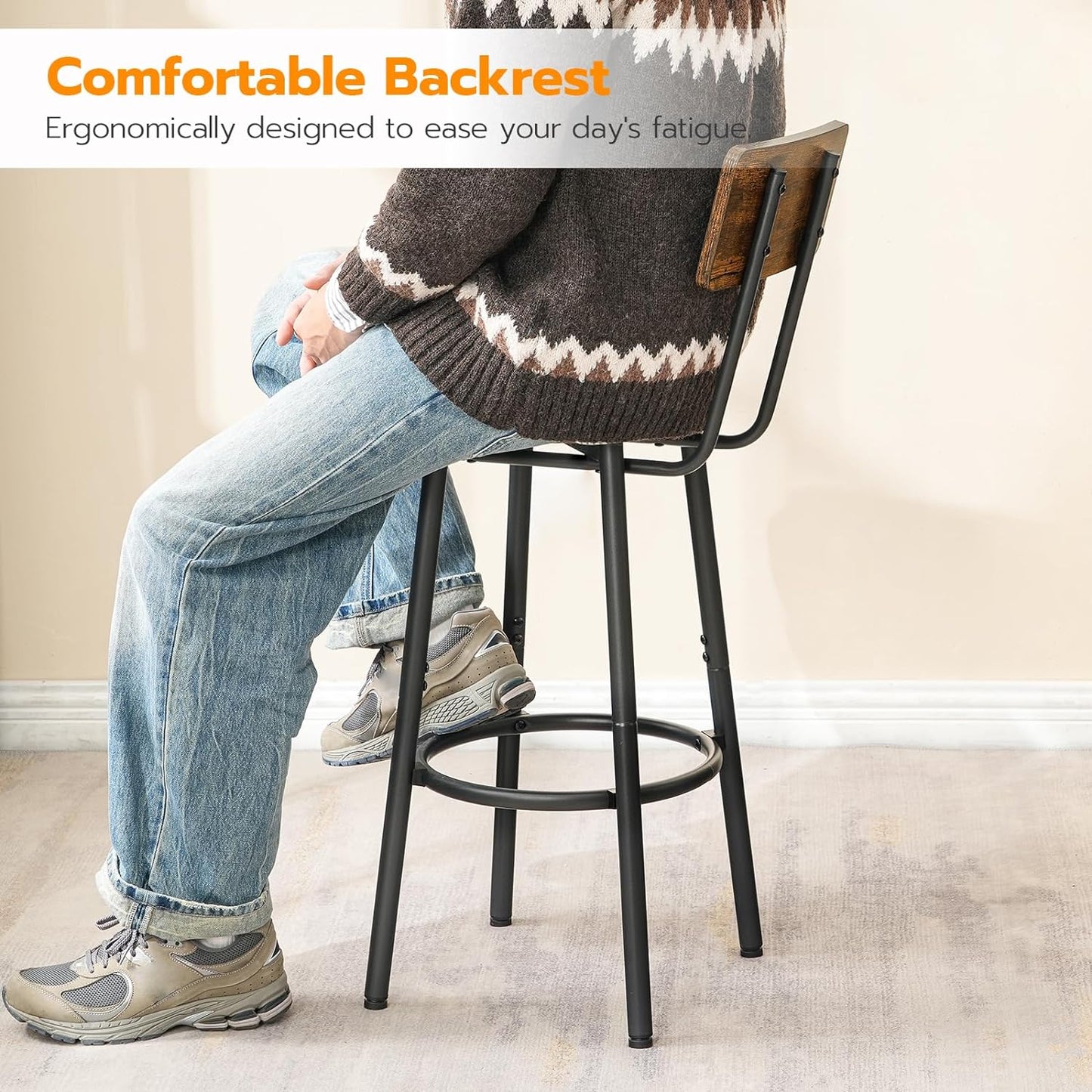 Set of 2 Adjustable Bar Stools with Footrest and Backrest, Rustic Brown and Black, Easy Assembly for Kitchen, Living Room, Bar