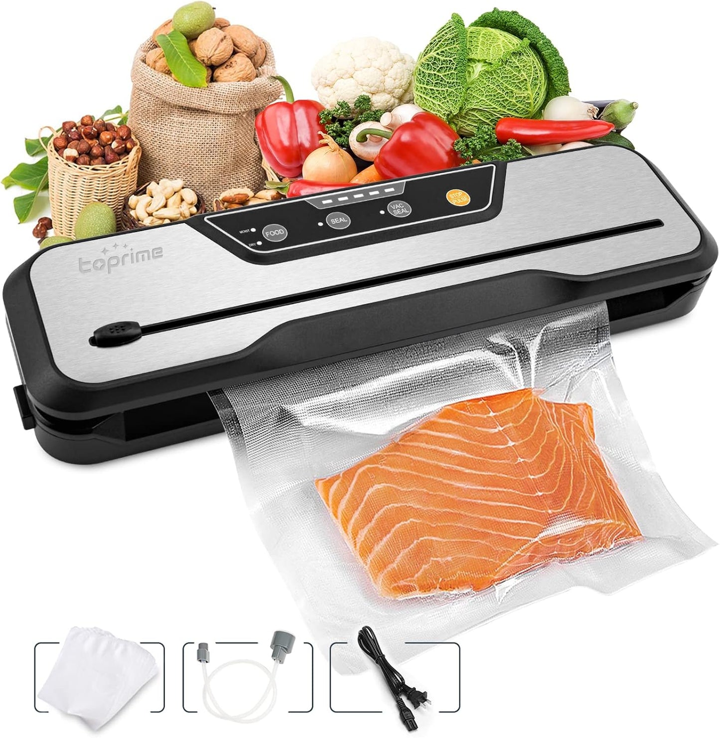 VS6612 Vacuum Sealer Machine - 80Kpa High-Power Food Sealing System with Built-In Cutter, Sealing Bag, and Hose for Meal Preservation and Sous Vide Cooking