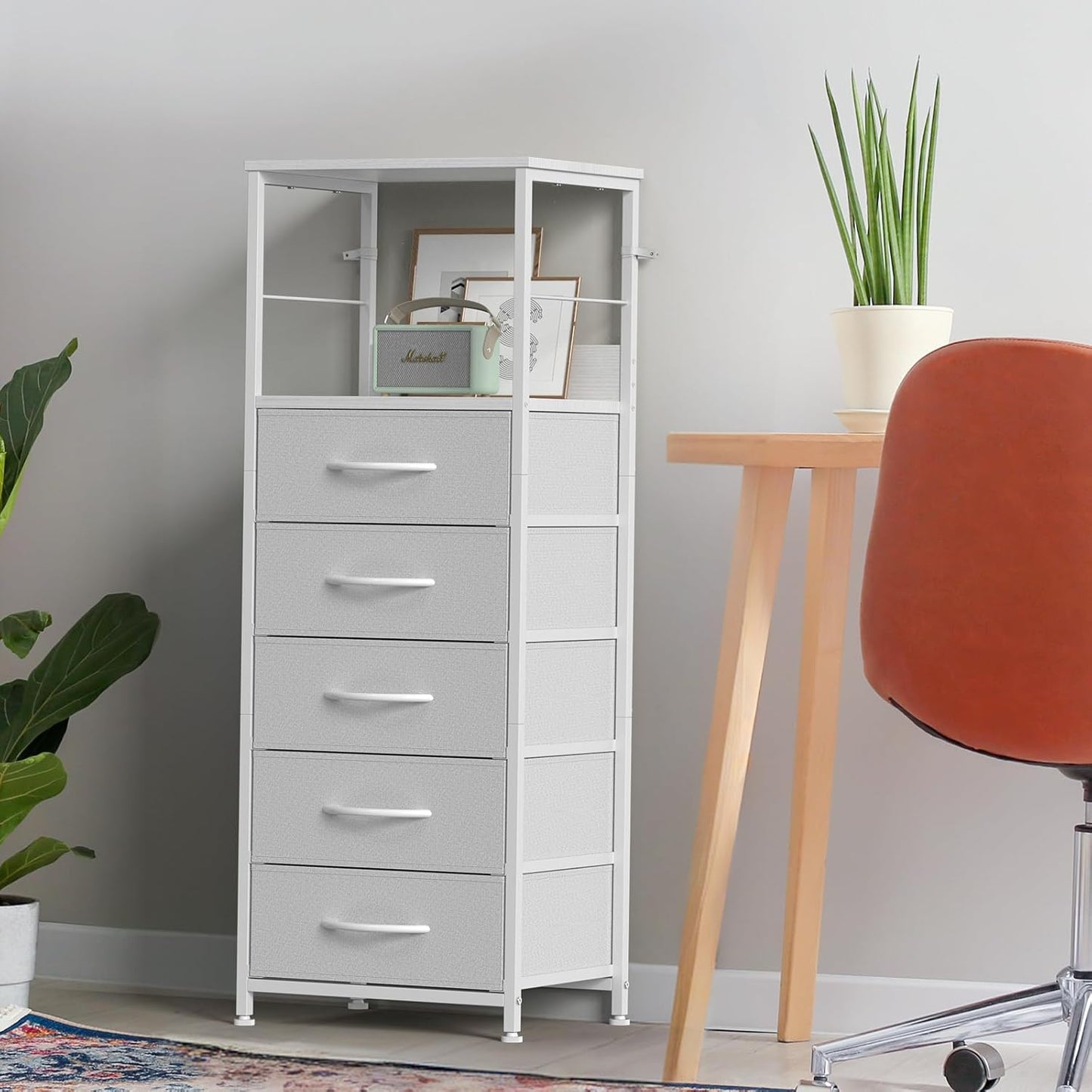 5-Drawer White Dresser, Clothes Organizer Storage Unit Chest of Drawers with Sturdy Frame & Easy Pull Handle, Tall Fabric Dresser for Bedroom, Living Room, Closet, Entryway, Nursery