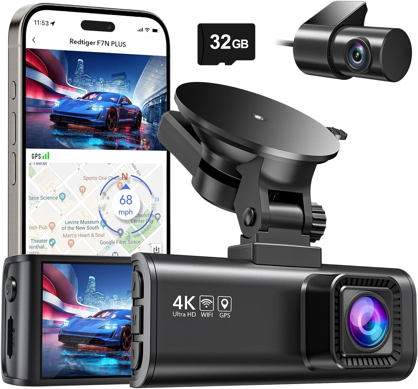 4K/2.5K Full HD Dual Dash Camera for Vehicles with 32GB Card, Built-In Wi-Fi and GPS, 3.18” IPS Display, Night Vision, 170° Wide Angle, WDR, and 24-Hour Parking Mode