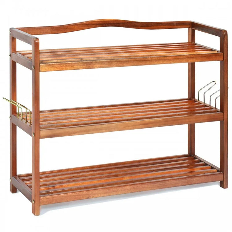 Acacia Wood Shoe Rack with 2-Tier, 3-Tier, and 5-Tier Options and Side Metal Hooks