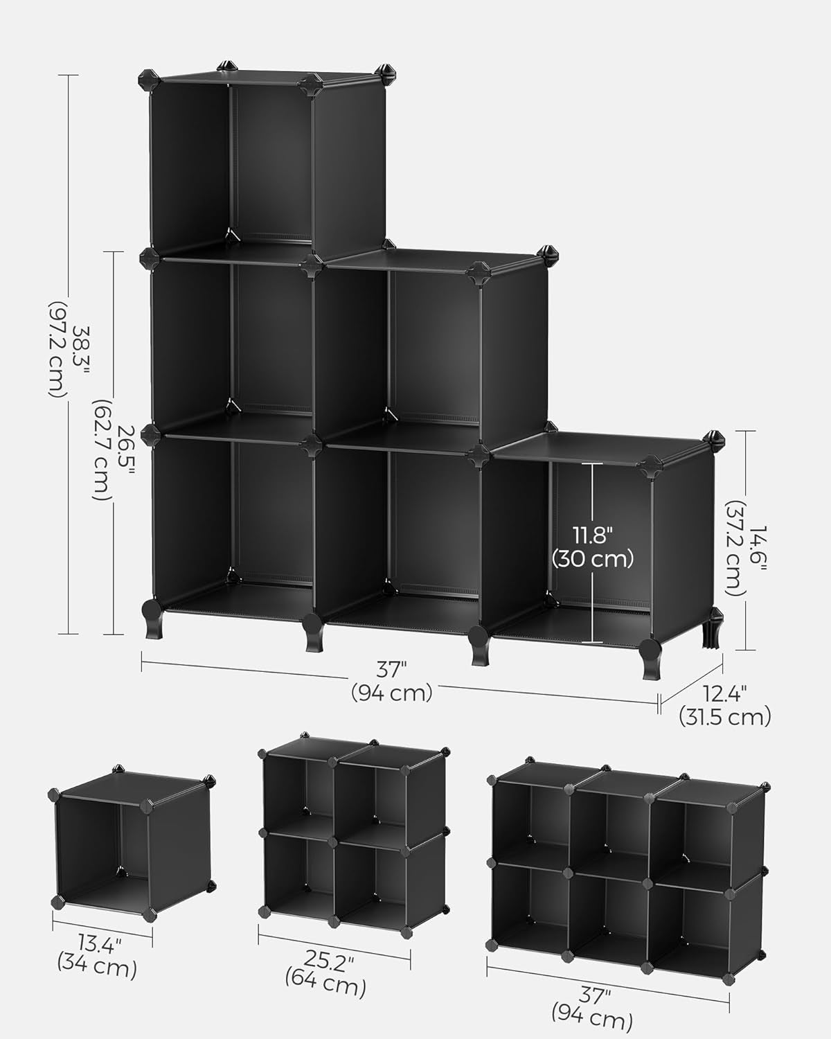 6 Cube Storage Organizer, DIY Closet Shelf, Plastic Clothes Organizer, Modular, 11.8 X 11.8 X 11.8 Inch Cubes, with Feet and Rubber Mallet, Black
