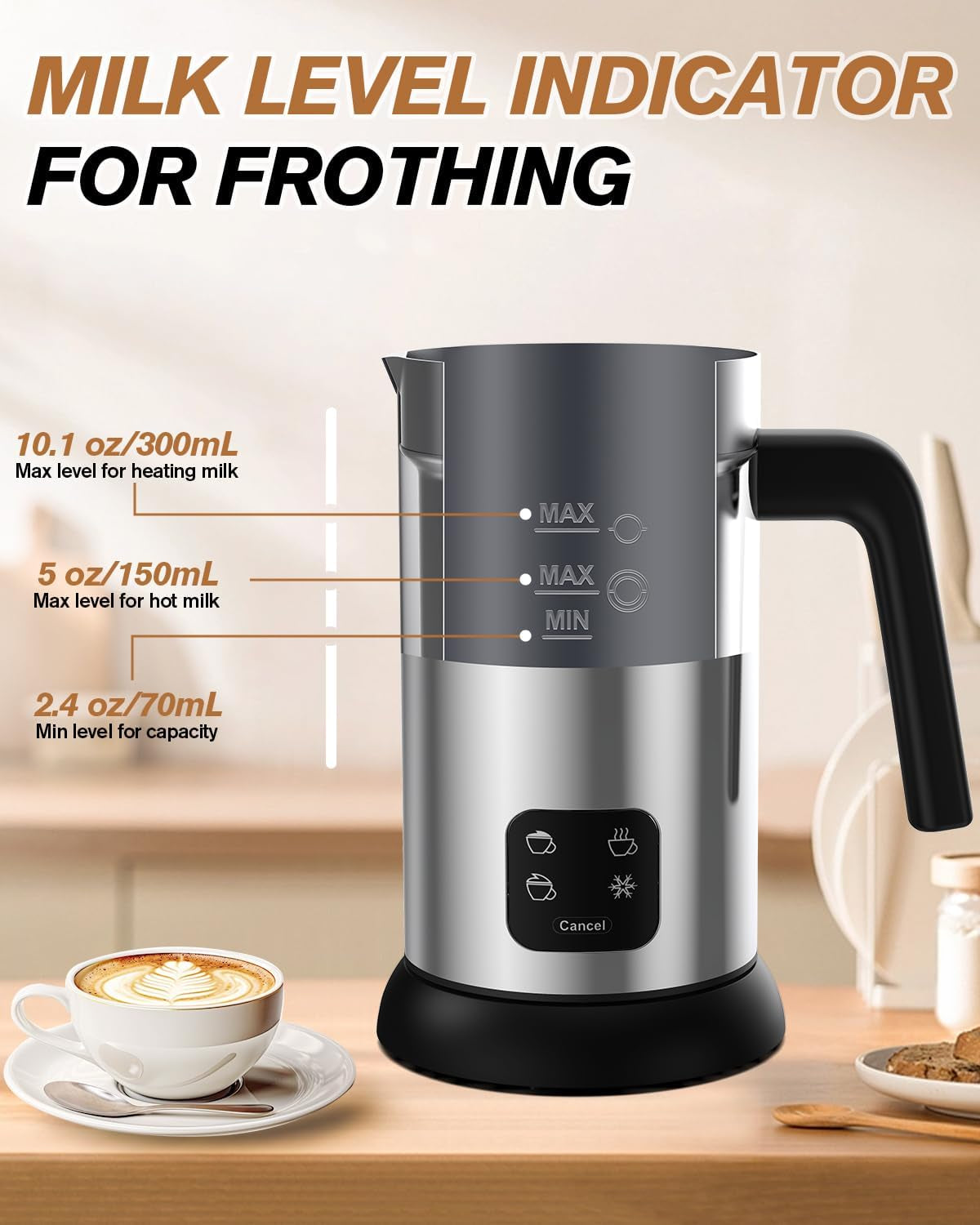Electric Milk Frother and Steamer, 4-in-1 10 Oz Automatic Foam Maker for Latte and Cappuccino, Stainless Steel Hot and Cold Frothing Device