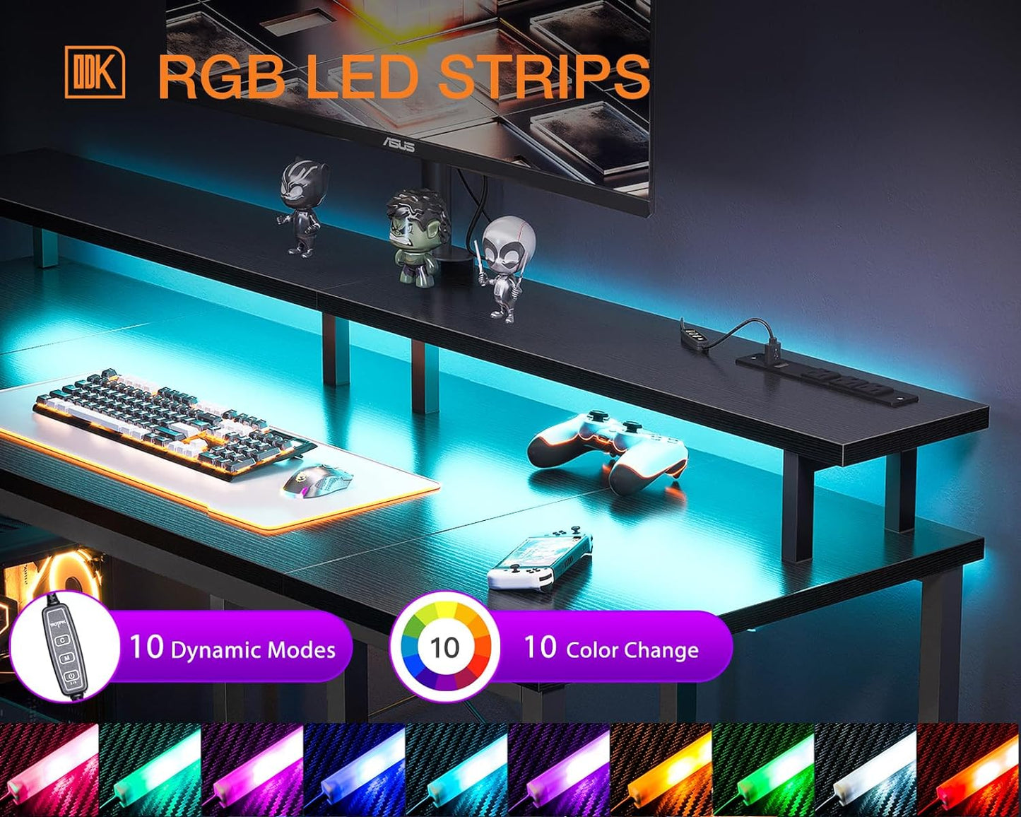 48-Inch Gaming Desk with LED Lighting and Power Outlet, Featuring Storage Shelves and Monitor Stand, Black