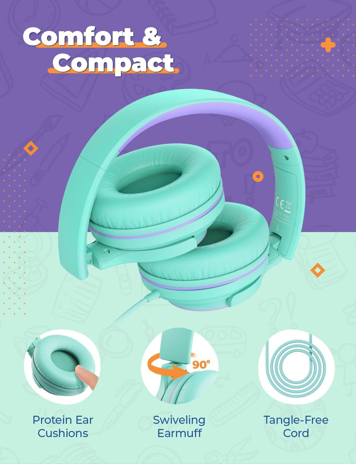 2-Pack Children's Headphones with Sharing Splitter - 94dB Volume Limiting - HS22 Wired Stereo Headphones for Kids and Teens, Tangle-Free 3.5mm Jack, Foldable Design for School, Tablets, and Travel