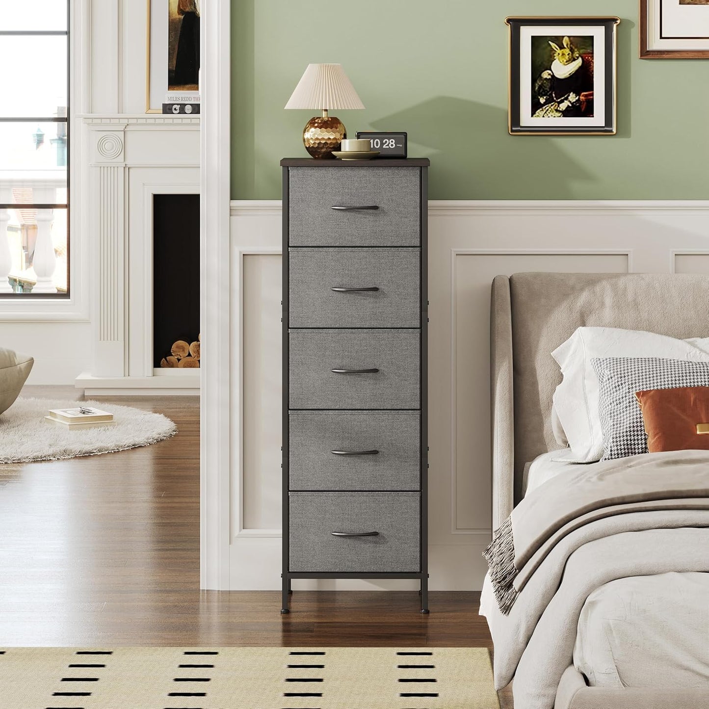 5-Drawer Tall Dresser for Bedroom, Fabric Dresser, Storage Dresser Organizer with Fabric Bins, Wood Top, Sturdy Steel Frame, Chest of Drawers for Closet, Hallway (Dark Grey)