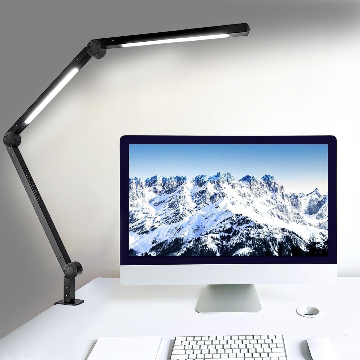 LED Desk Lamp with Clamp, Flexible 4-Section Swing Arm, Three Light Sources, 4 Color Modes, 5 Brightness Levels, Memory Function