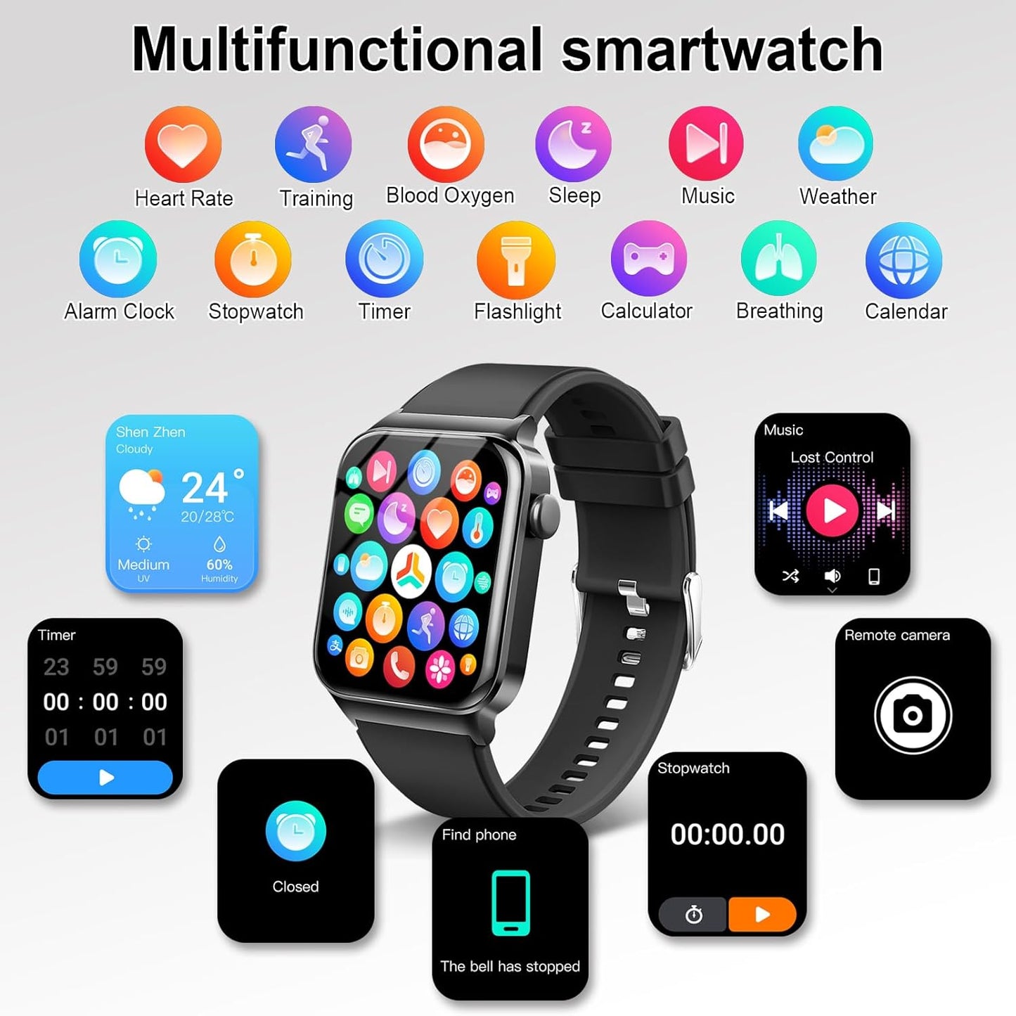 Bluetooth Smartwatch, 1.85" HD Touchscreen, 100+ Sports Modes, Heart Rate, SpO2, and Sleep Monitoring, IP68 Waterproof