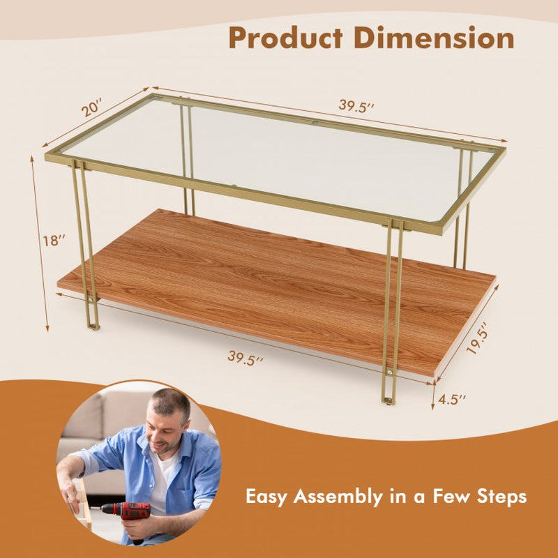 Two-Tier Rectangular Glass Coffee Table with White and Gold Steel Frame