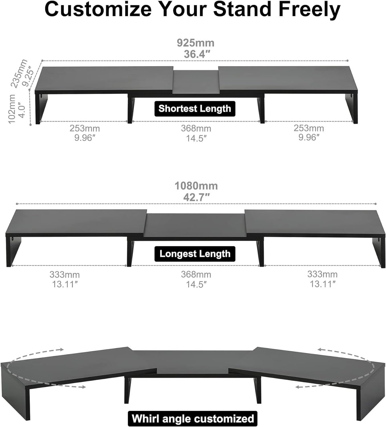 Dual Monitor Stand with Adjustable Length and Angle - 3-Shelf Wood Desktop Riser, Medium Black Office Accessory