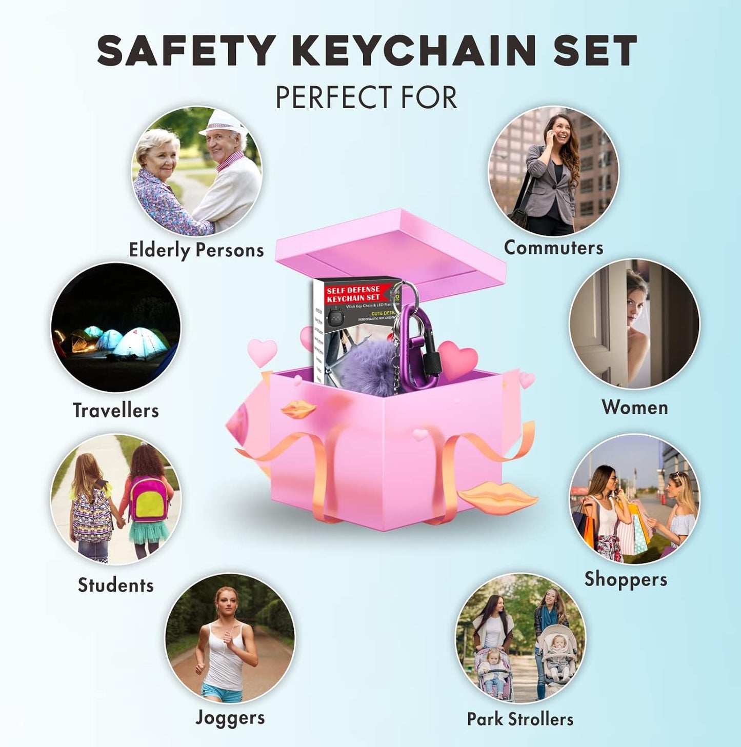 Safe Sound Personal Alarm, 6 Pcs Keychain Accessories - Alarm Keychain, LED Light, Cute Pom Pom, Whistle, and Locking Carabiner Clip