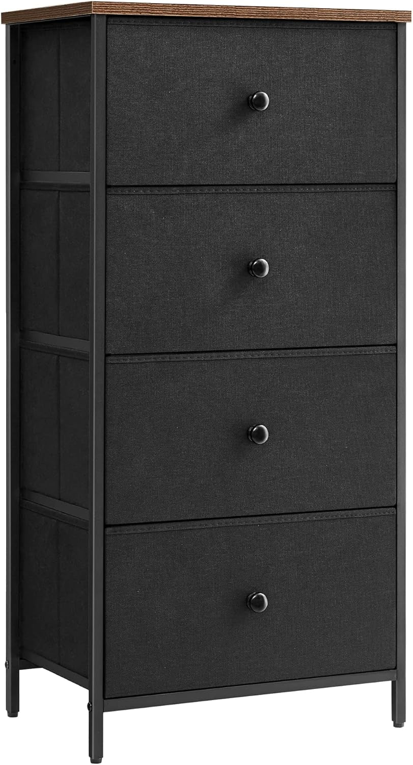 Fabric Dresser with 4 Drawers and Metal Frame - Compact Chest of Drawers in Ebony Black and Rustic Brown