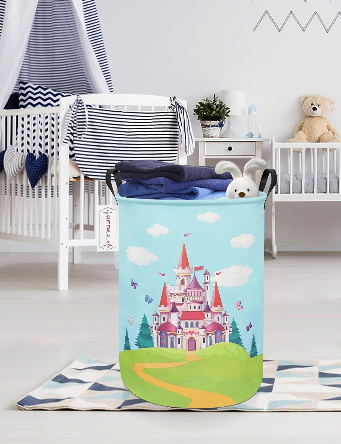 Large Collapsible Round Storage Basket for Laundry and Home Decor - Forest Castle Design