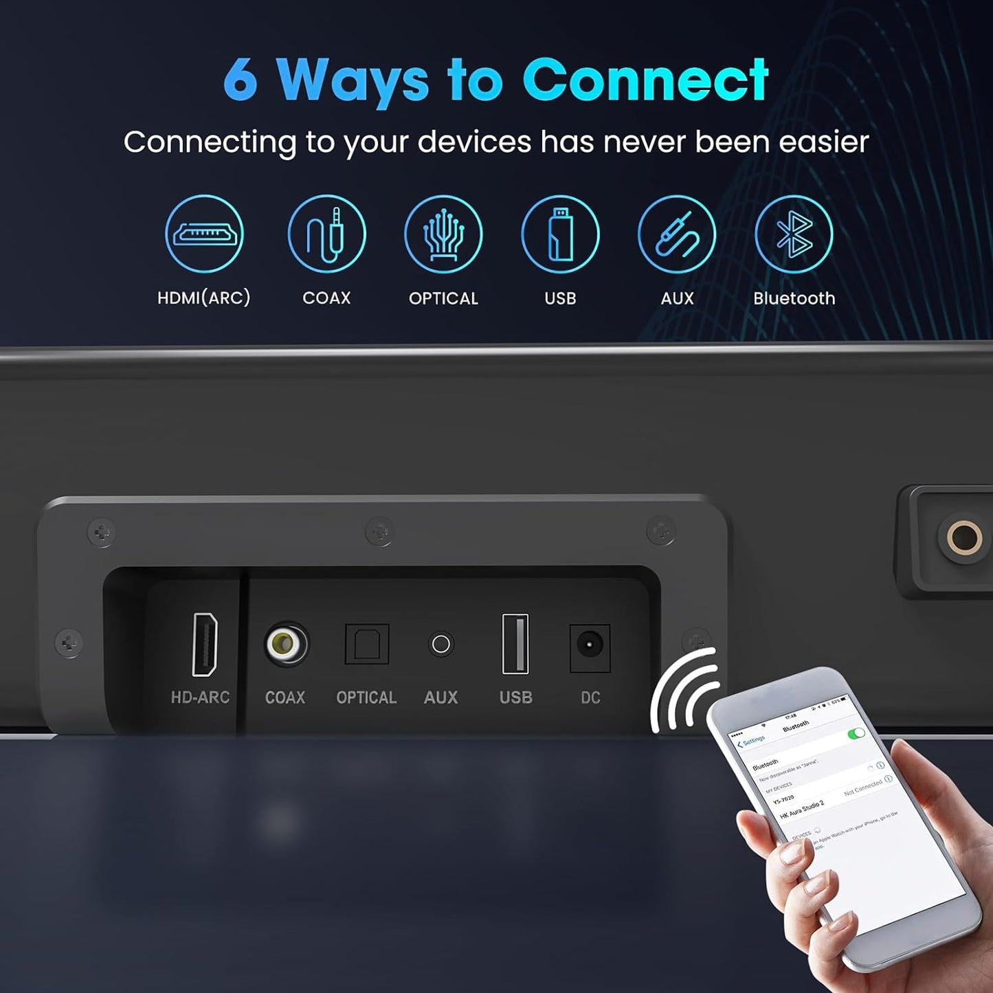 24-Inch Bluetooth Sound Bar for TV with Surround Sound System and Multiple Connectivity Options (Arc, Optical, USB, Aux)