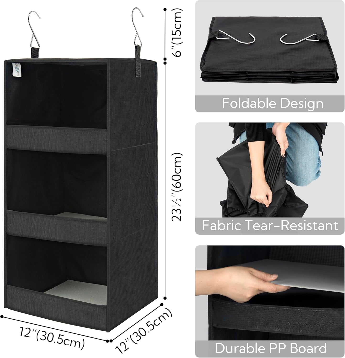 Set of 2 Portable Black 3-Shelf Hanging Closet Organizers for Efficient Storage Solutions