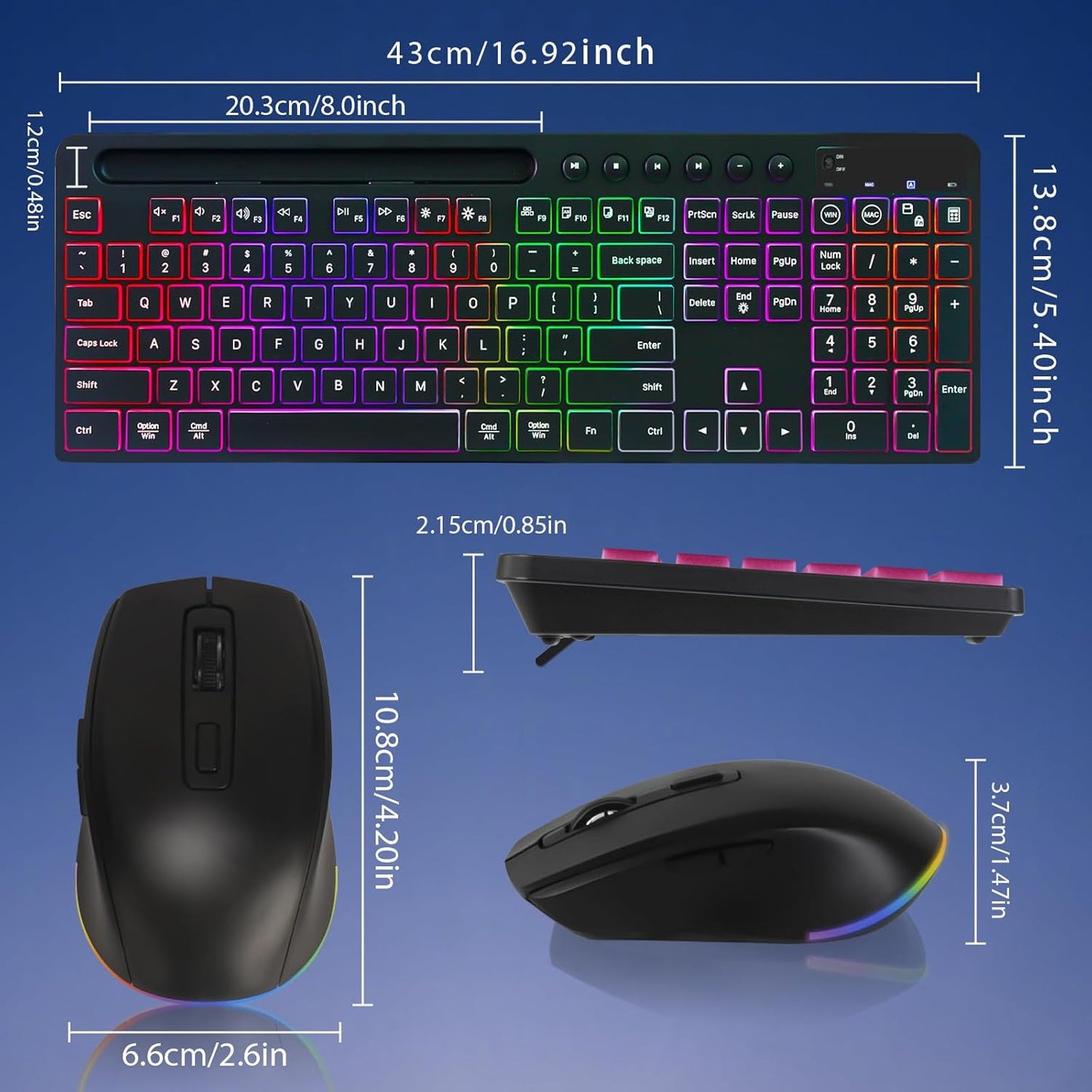 Backlit Wireless Keyboard and Mouse Set with Rechargeable Battery, Device Stand, RGB Lighting, and Dual Layout Compatibility