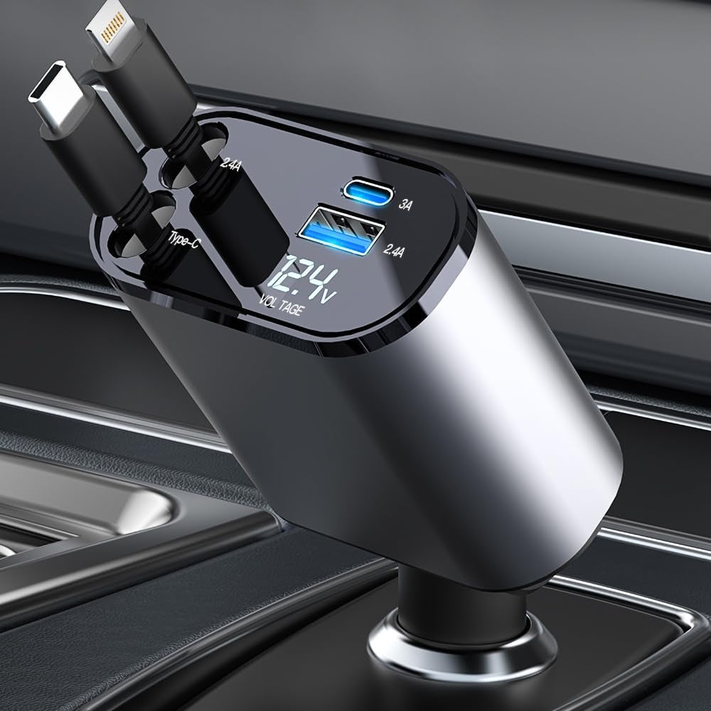 4-in-1 Fast Car Phone Charger, 60W USB Charger - Retractable Cables, Compatible with iPhone 15/14/13/12/11 and Galaxy Devices