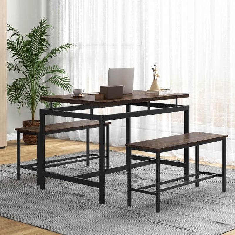3-Piece Dining Table Set Featuring Wooden Kitchen Table and Two Benches