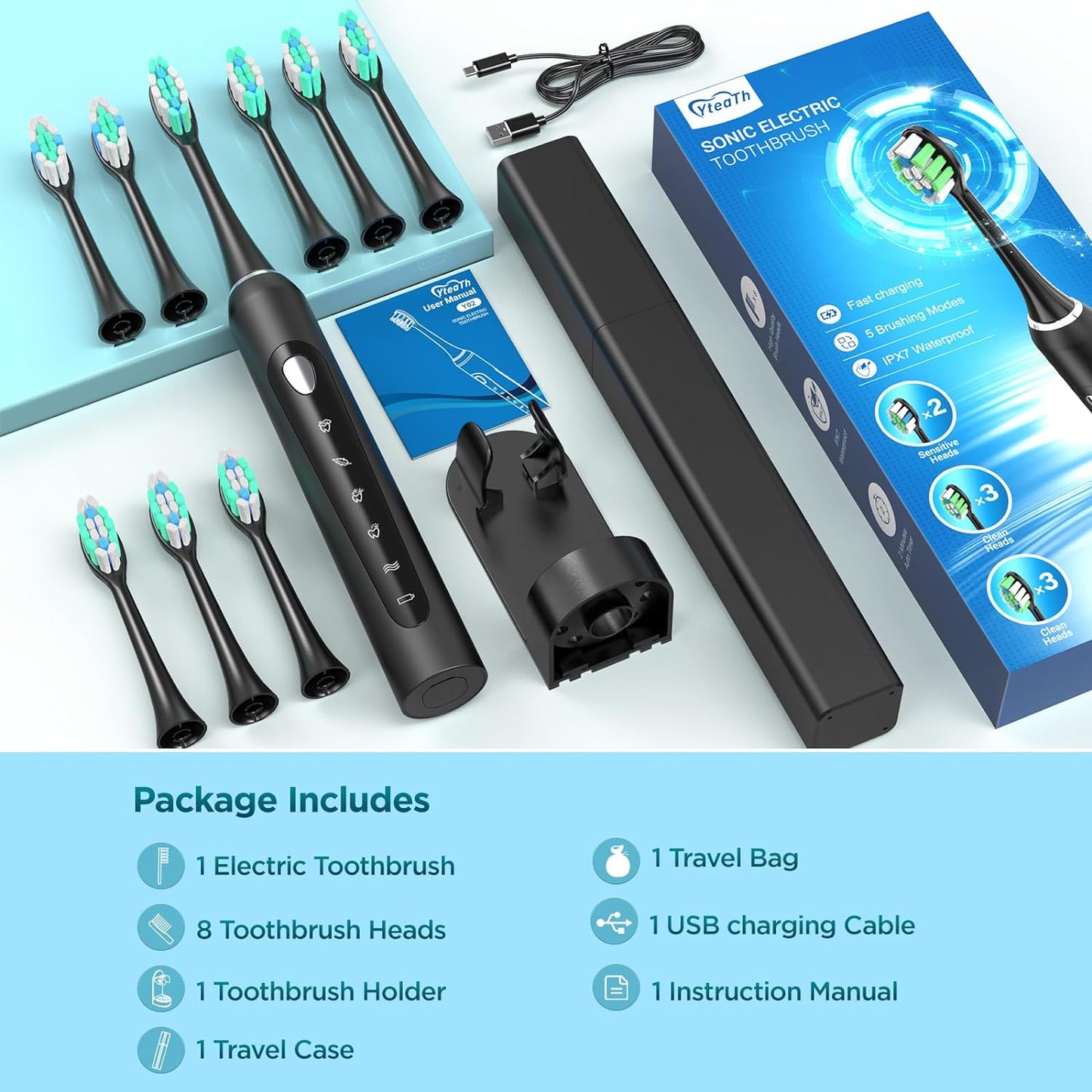 Sonic Electric Toothbrush for Adults with 8 Replacement Brush Heads, 60-Day Battery Life, 5 Cleaning Modes, and 2-Minute Smart Timer
