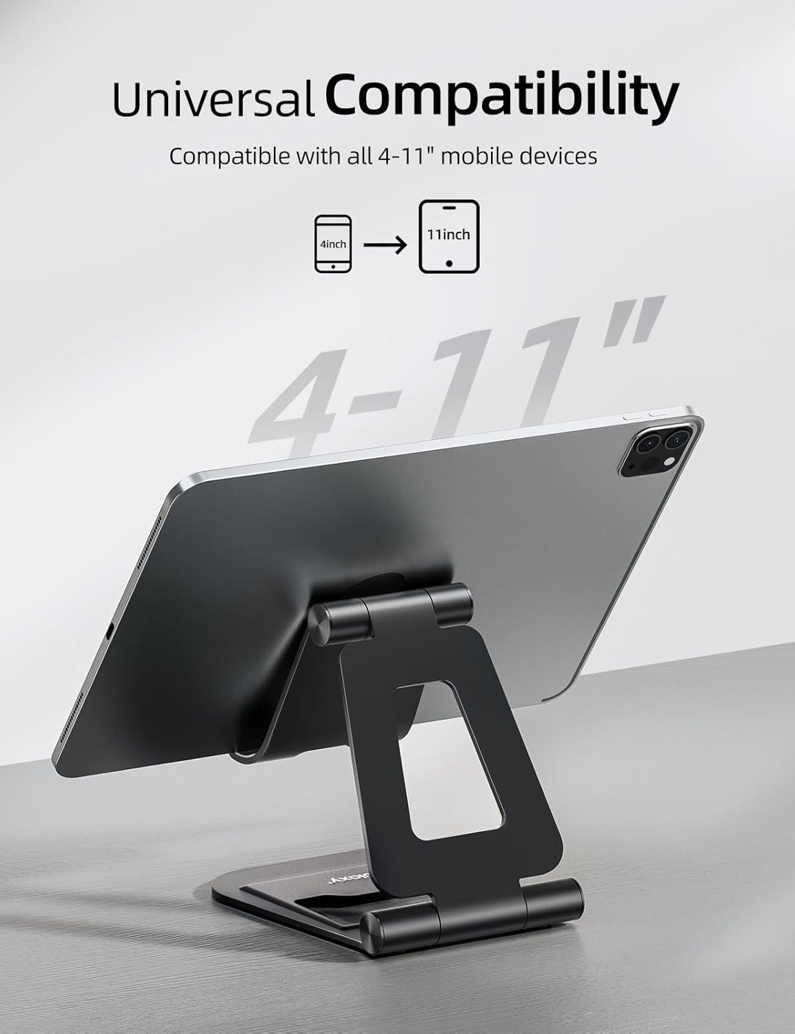 Aluminum Dual-Foldable iPad Stand - Fully Adjustable Desktop Tablet Holder for 4-11" Mobile Devices, Compatible with iPad Pro/Air/Mini, iPhone Pro/Max/Plus, and Kindle - Black