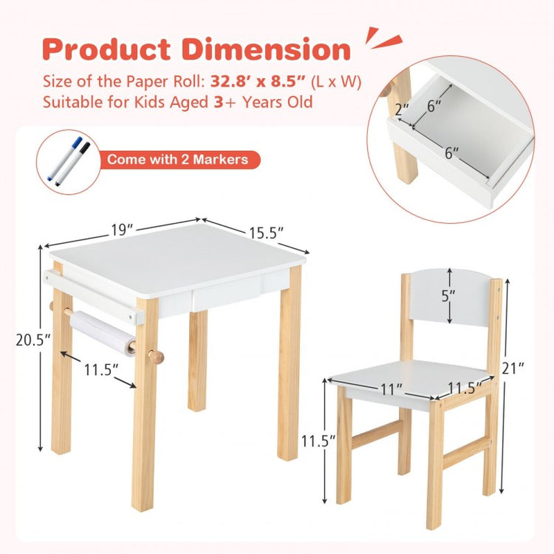 Children's Art Table and Chair Set with Storage Drawer, Paper Roll, and Two Markers