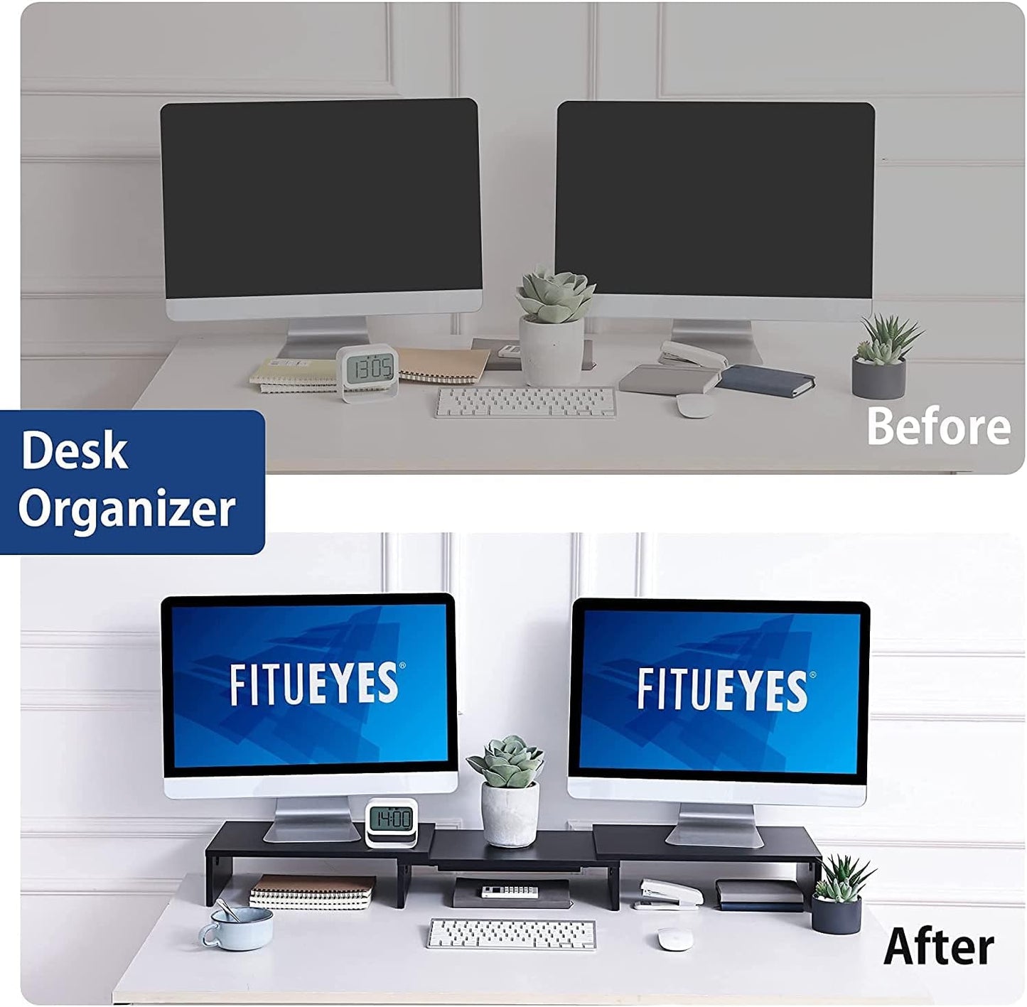 Dual Monitor Stand with Adjustable Length and Angle - 3-Shelf Wood Desktop Riser, Medium Black Office Accessory