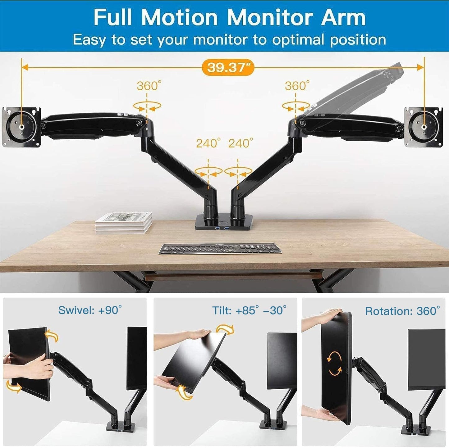 Dual Monitor Arm for 13 to 35 Inch, Height Adjustable Monitor Desk Mount - 2 Computer Screens, Gas Spring Dual Monitor Stand, Clamp/Grommet Base, Each Monitor Arm Hold up to 26.4 Lbs