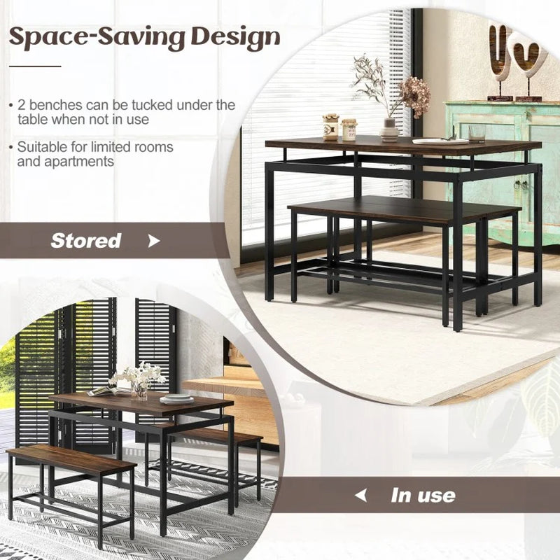 3-Piece Dining Table Set Featuring Wooden Kitchen Table and Two Benches