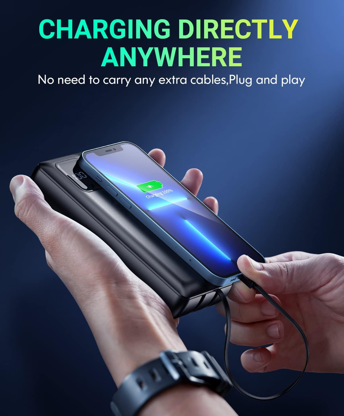 High-Capacity 40000mAh Portable Power Bank - PD 30W and QC4.0 Fast Charging, Built-in Dual Output Cables, LED Display