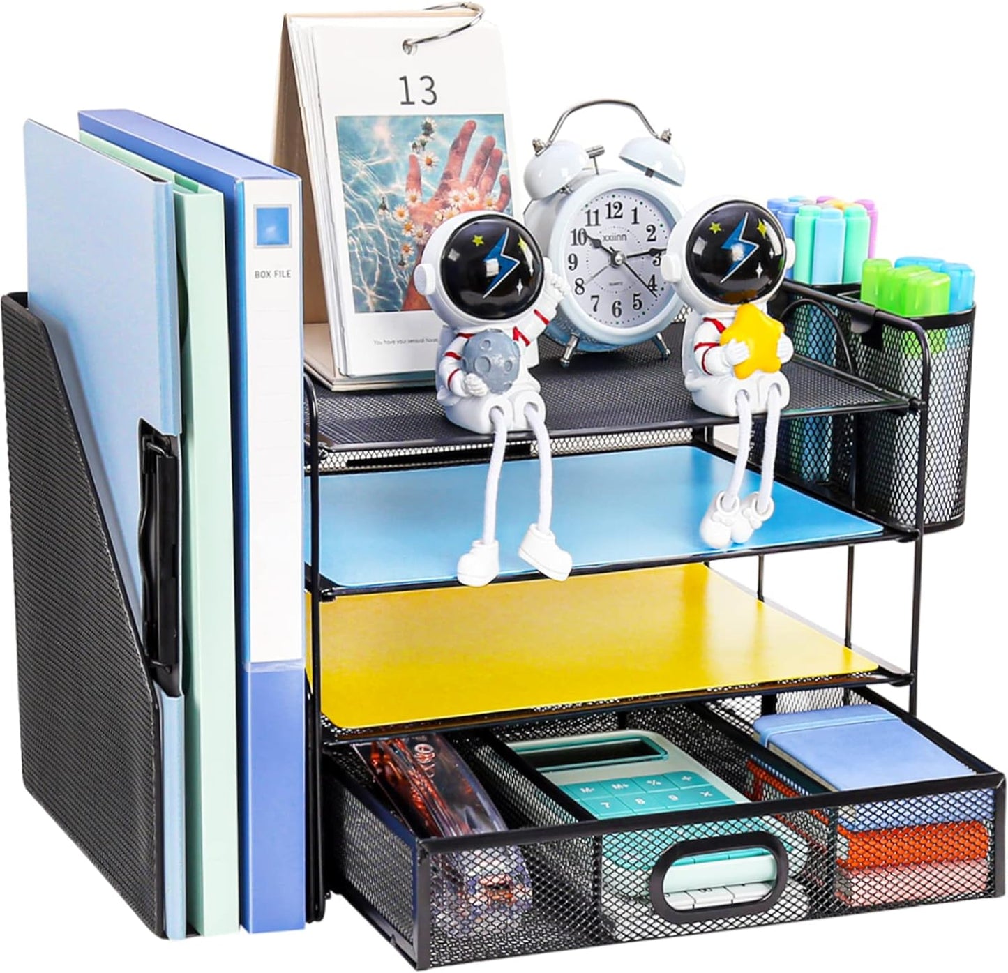 4-Tier Mesh Desk Organizer with File Holder, Drawer, and Pen Holders for Office Supplies