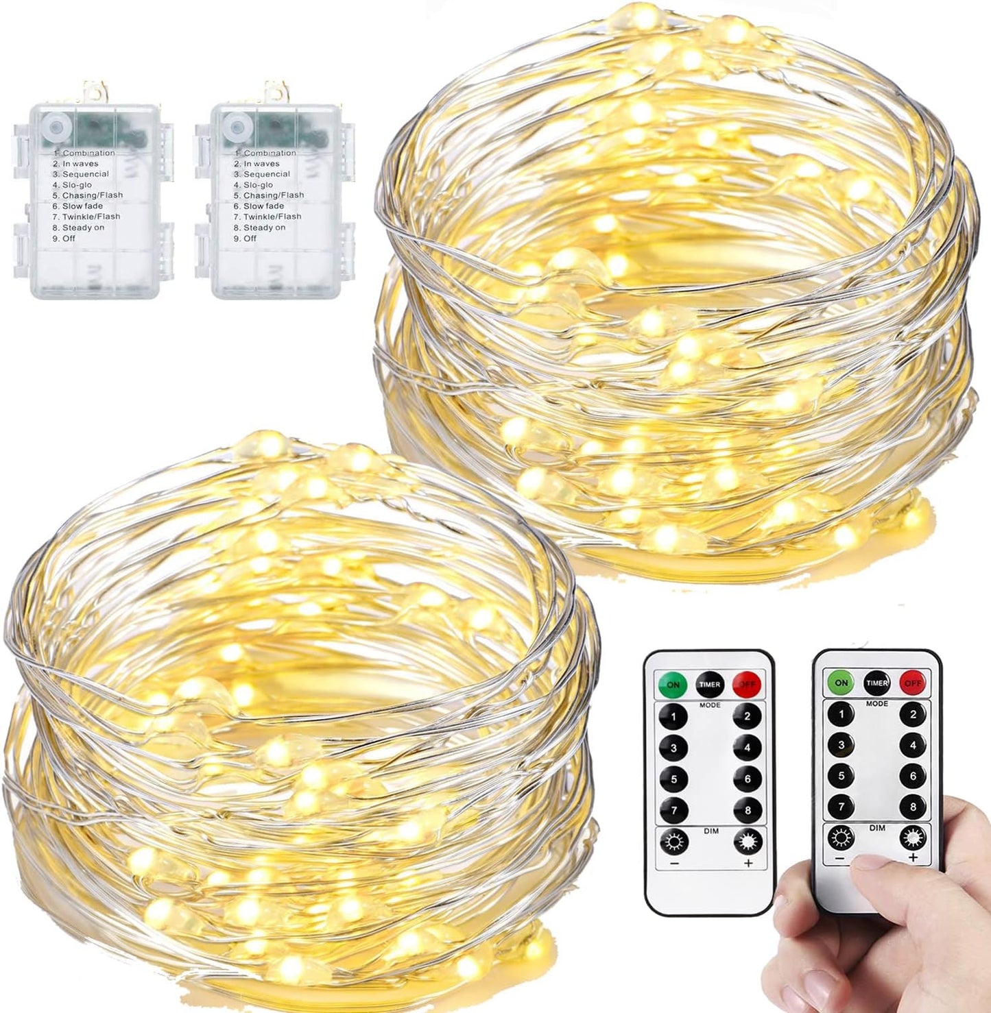 2-Pack Waterproof Battery-Operated Fairy Lights, 66ft with 200 LEDs, Remote Control - 8 Modes and Timer, Copper Wire Twinkle Lights