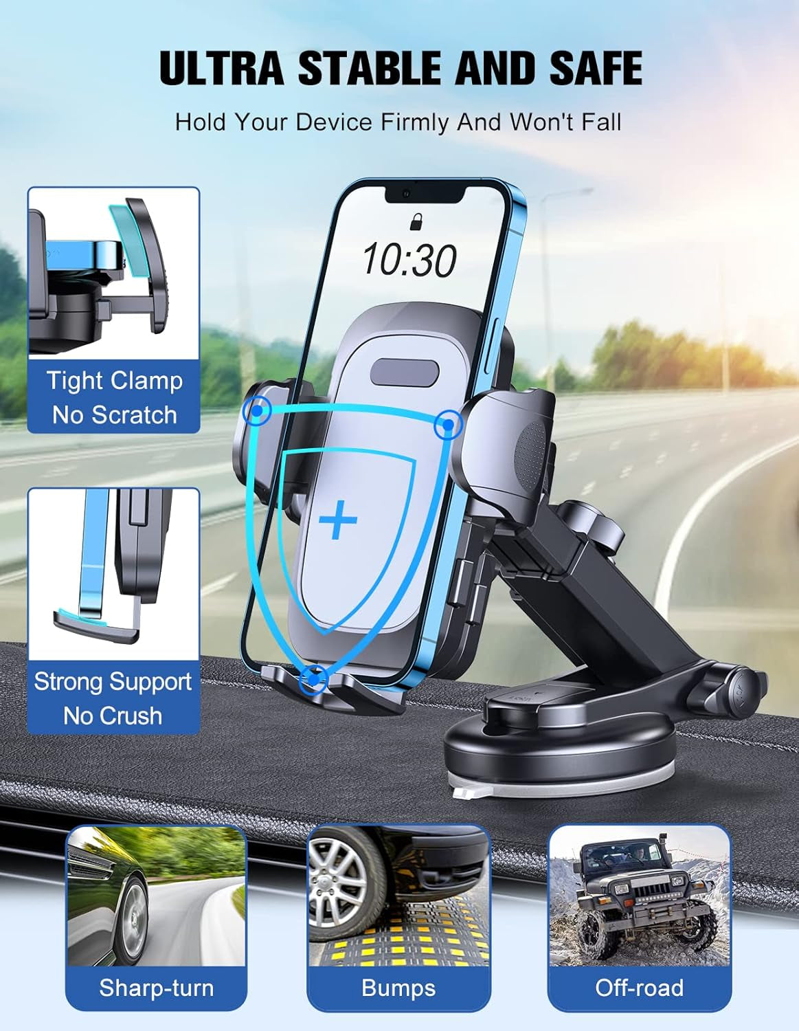 Car Phone Holder with Strong Suction for Dashboard and Windshield - 360° Rotating Long Arm Mount Compatible