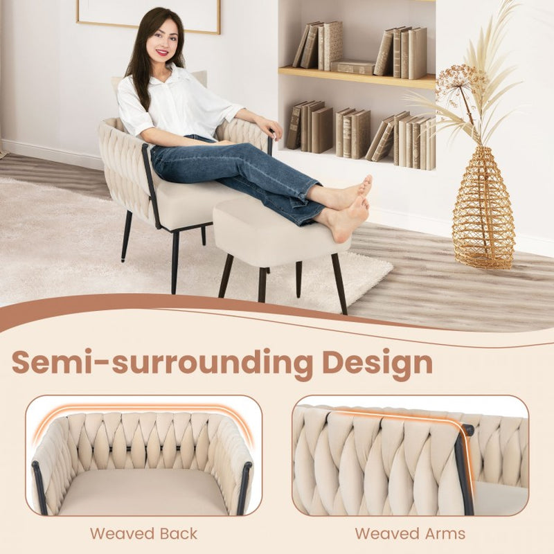 Contemporary Dutch Velvet Accent Chair and Ottoman Set with Woven Back and Armrests