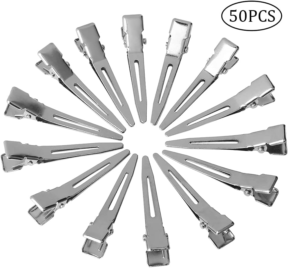 50-Piece Set of 1.75-Inch Silver Metal Curl Clips - Single Prong Duck Bill Sectioning Alligator Hair Pins for Curls