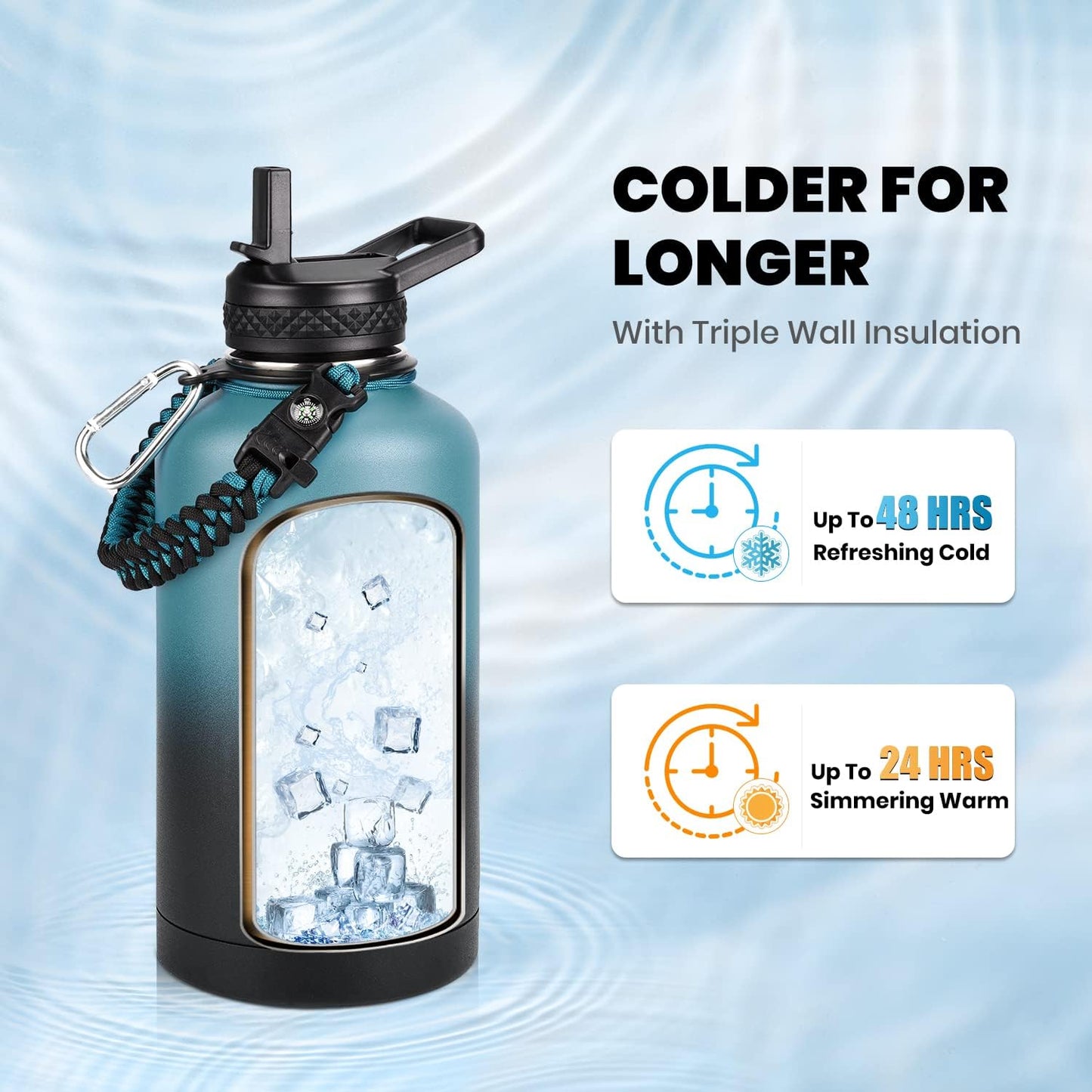 64 Oz Insulated Water Bottle - Triple Wall Vacuum Stainless Steel, Cold Retention for 48 Hours, Leak Proof & BPA-Free, Half Gallon Flask with Paracord Handle & Straw Spout Lids, Indigo/Black