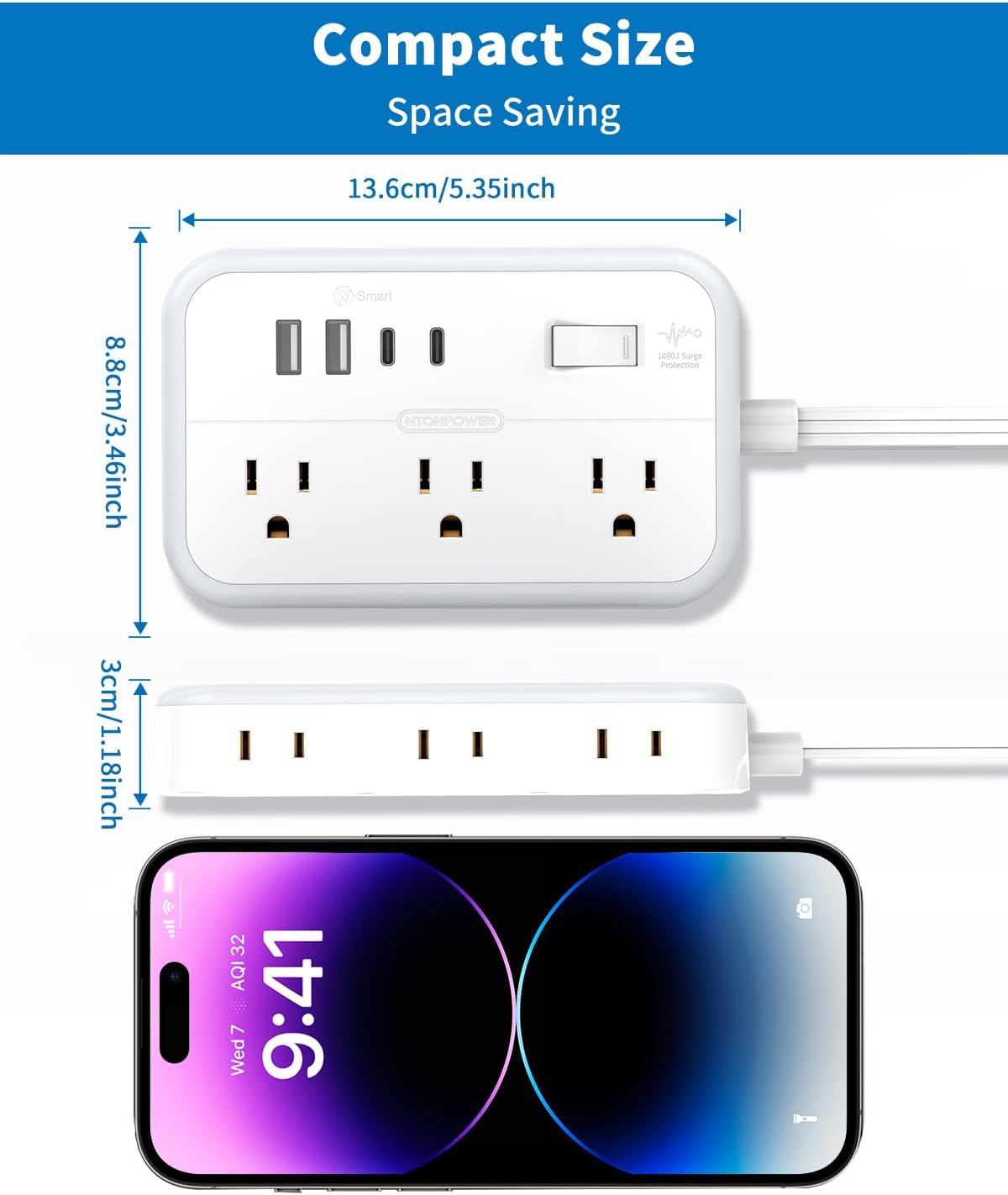 Flat Plug Surge Protector Power Strip - 6 Outlets and 4 USB Ports (2 USB-C), 5 Ft Flat Extension Cord for Home, Office, Dorm Room Use