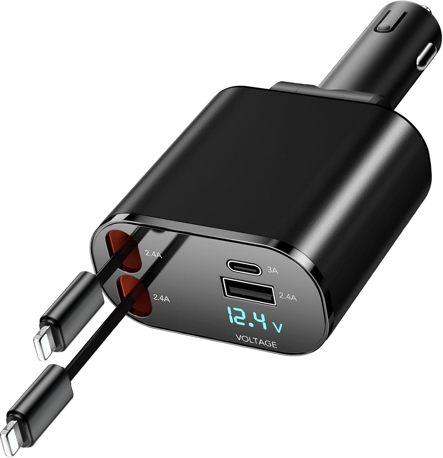 Retractable 4-in-1 Fast Charging Car Charger - 60W with Retractable Cable and Dual USB Ports