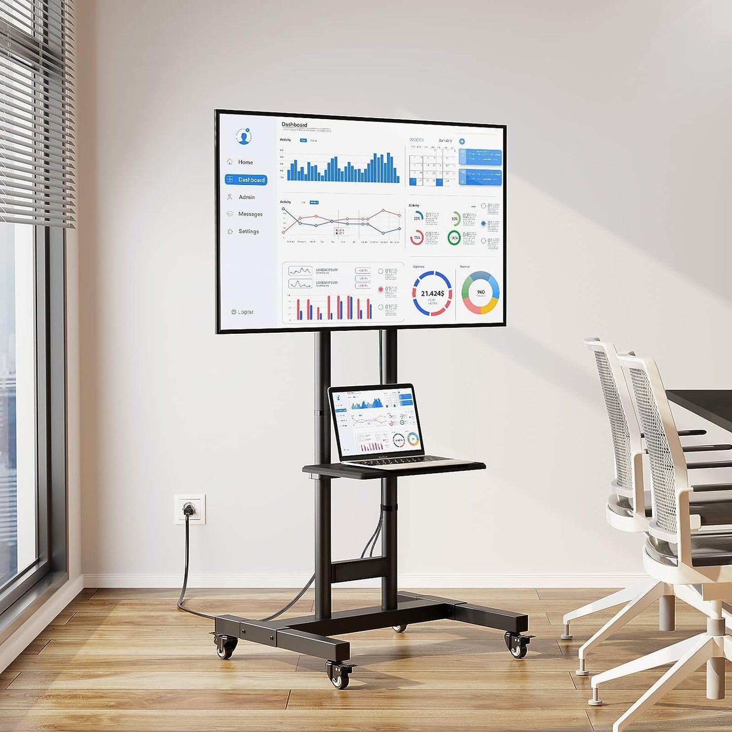 Mobile TV Cart with Power Outlet for 32-85 Inch Flat and Curved Screens Up to 132 lbs, Height Adjustable Rolling Stand with AV Shelf, Max VESA 600x400mm