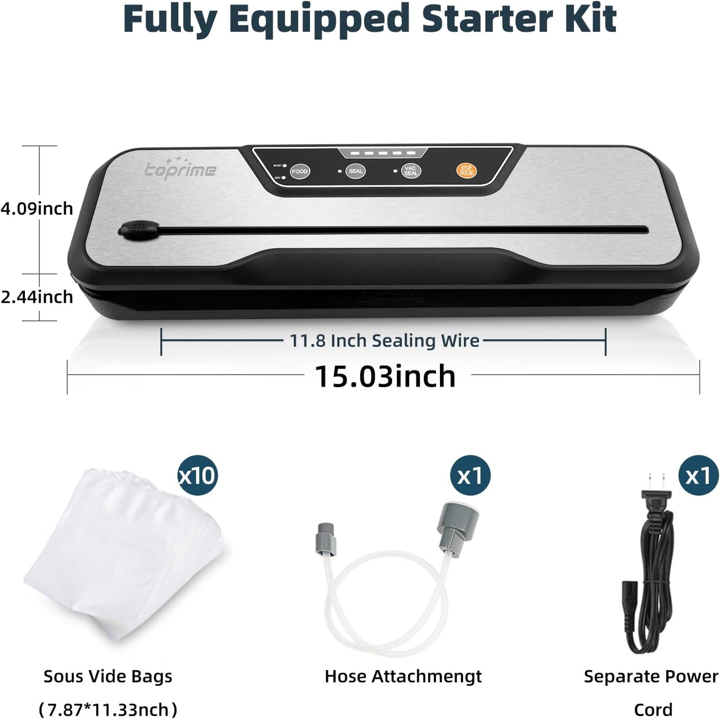 VS6612 Vacuum Sealer Machine - 80Kpa High-Power Food Sealing System with Built-In Cutter, Sealing Bag, and Hose for Meal Preservation and Sous Vide Cooking